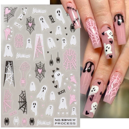 sengpan Halloween 3D Heart Web Nail Sticker Cute Holiday Cartoon Design Spider Pumpkin Ghost  Sliders for Nails Manicure Decor SANO53