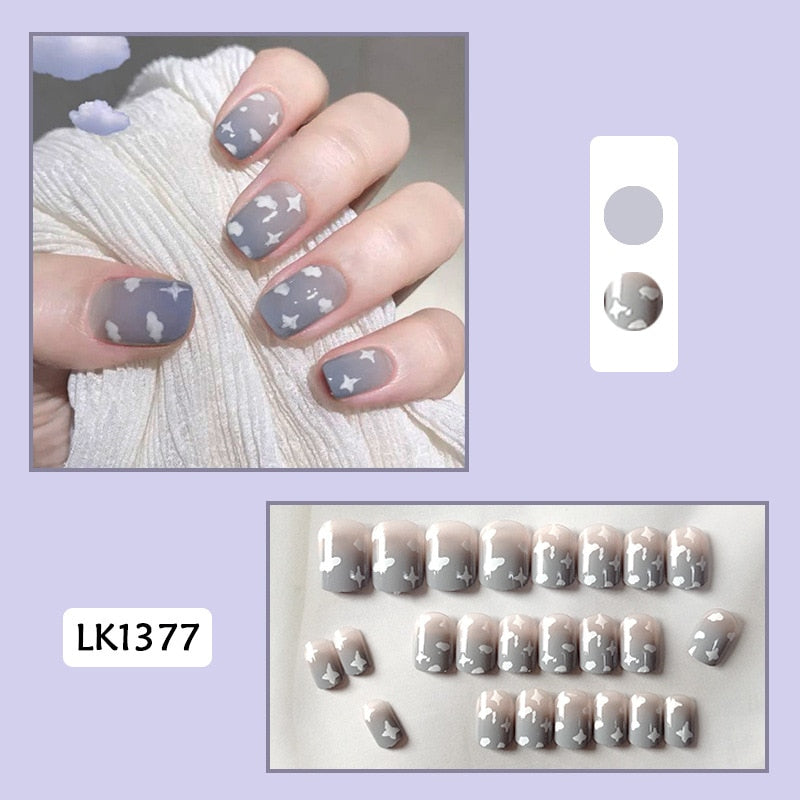 sengpan 24p Artifical Fake Nails Full Coverage False Nails White Clouds French Long Wearing Reusable Nail Coffin Ballerina Press on Nail