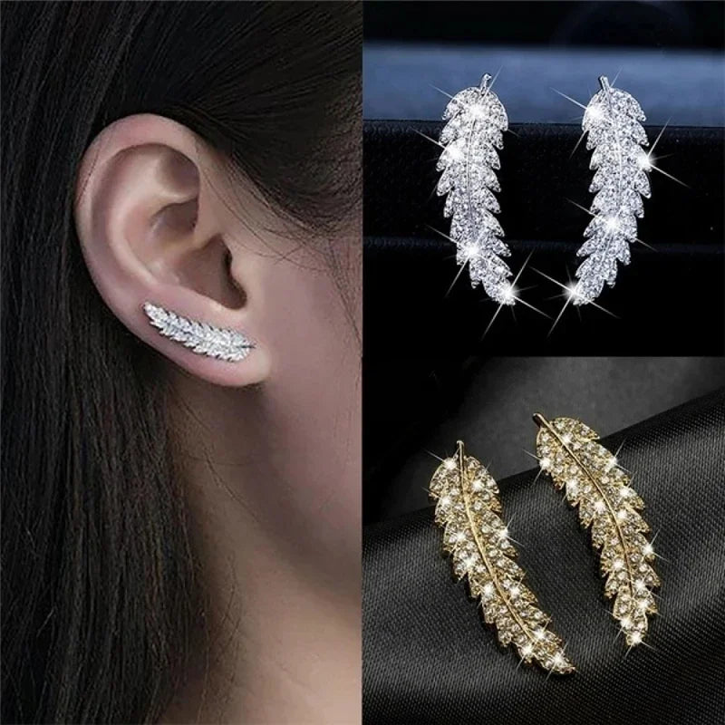 sengpan Trendy CZ Crystal Leaf Feather Earrings Ear Climber Stud Earrings For Women Everyday Jewelry Jacket Ear Cuff Piercing Bronics