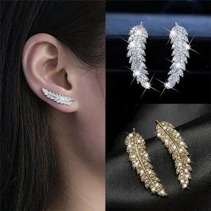 sengpan Trendy CZ Crystal Leaf Feather Earrings Ear Climber Stud Earrings For Women Everyday Jewelry Jacket Ear Cuff Piercing Bronics