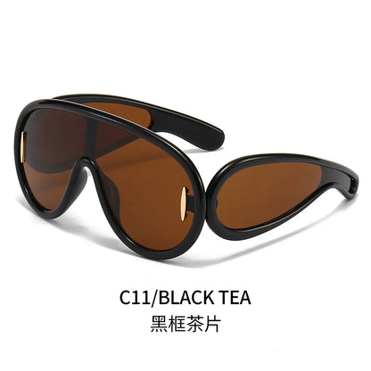 Lianfudai New Fashion One Piece Big Frame Goggles Oversized Oval Sunglasses Women Men Trendy Hip Hop Sun Glasses