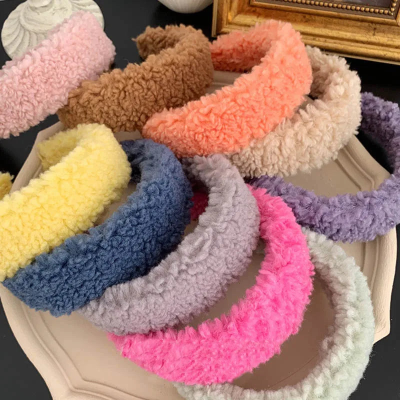 Dospita Candy Color Faux Fur Thick Headband Hair Bands for Women 2021 Winter Warm Cashmere Hairband Solid Color Wide Hair Hoop Ornament