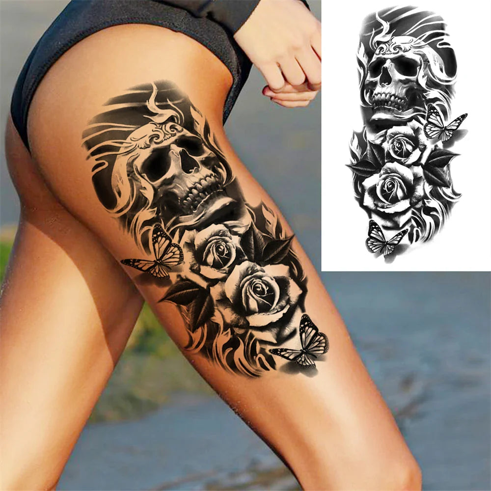 sengpan Death Skull Flower Temporary Tattoo For Women Girls Snake Bird Peony Tattoo Sticker Black Fake Blossom Sexy Tatoo Transfer Adult