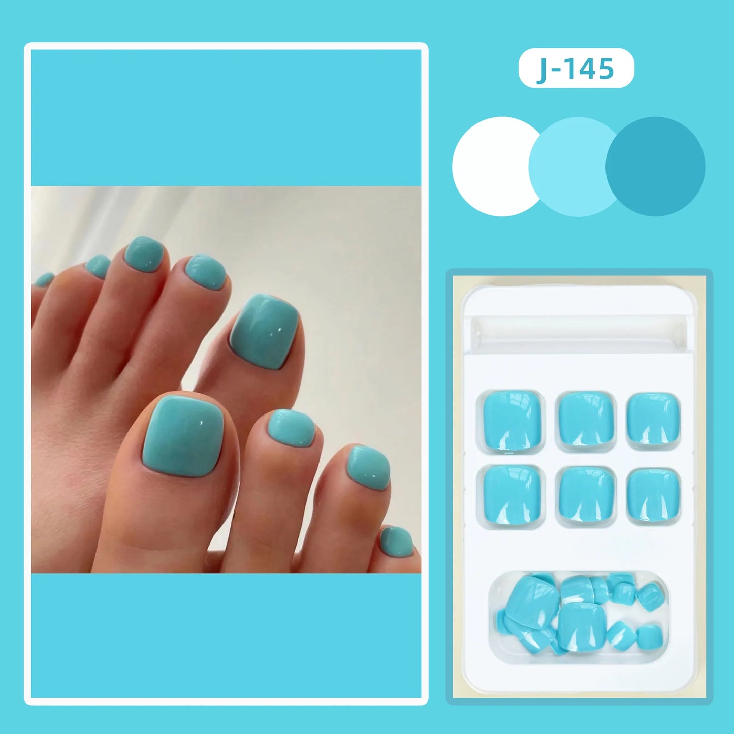 sengpan 24Ps Glossy Lake Blue Press on Toe Nails Artificial Acrylic Fake Toenails Full Coverage Removable Wearable Toe Nail Art Finished