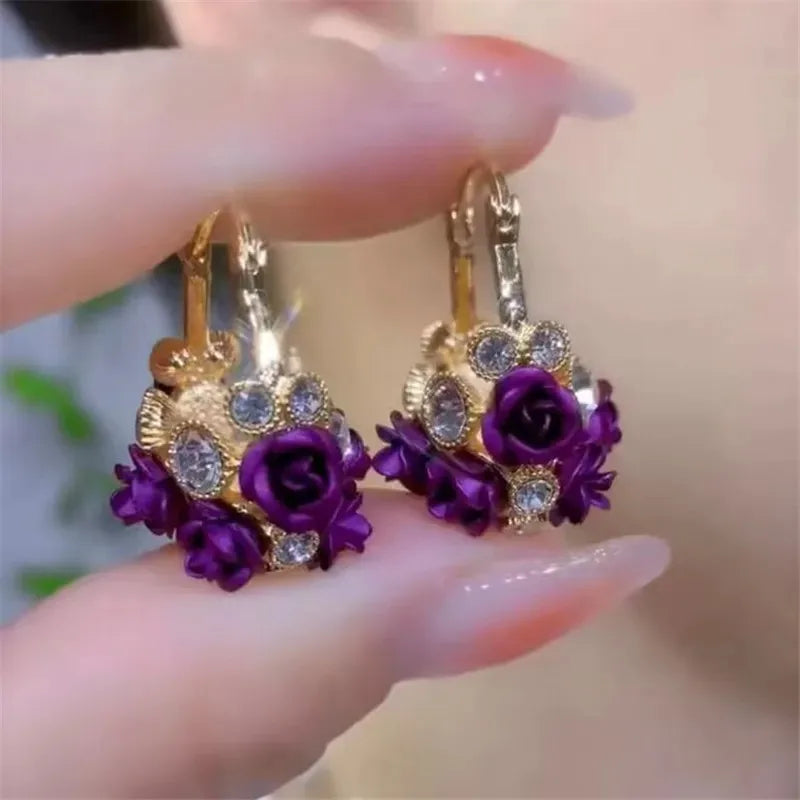 sengpan Fashion Trend Unique Design Elegant Delicate Zircon Rose Flower Circle Earrings For Women Jewelry Wedding Party Premium Gifts