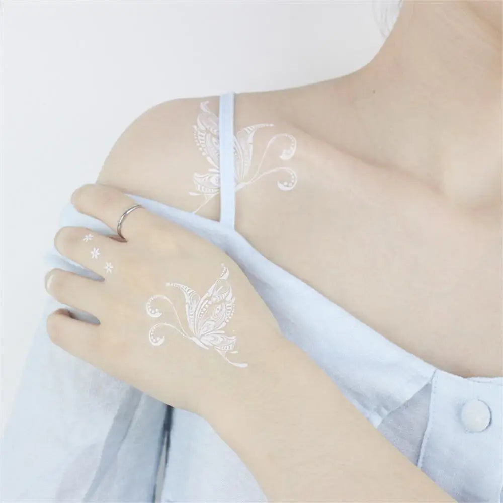 sengpan White Lace Henna Tattoo Butterfly Feather Fake Temporary Tattoos Women Summer Style Henna Design Stickers Body Art Party Wedding