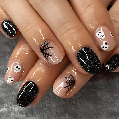 Lianfudai 24pcs Short Halloween Fake Nails Cute Pumpkin Cat Ghost False Nail Patch Full Cover Wearable Fake Nail Tips 2024 Halloween Gifts