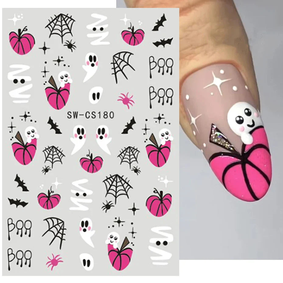 sengpan Pink Pumpkin Halloween Nail Stickers Ghost Star Mummy Love Heart Spider Web Scorpion Blood Drops DIY Winter Manicure Decoration