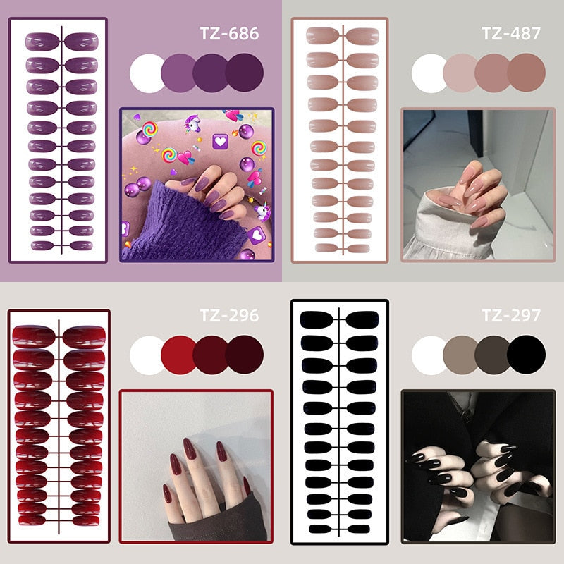 sengpan 24Pcs/Set Long Round Head Bright Solid Color Press On Acrylic Nail Art Fake Nails Finished Wearing Manicure Reusable False Nails