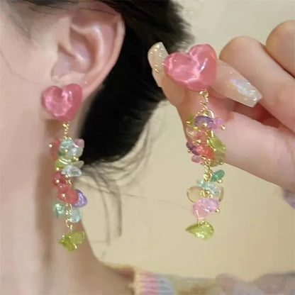 sengpan Summer Sweet Colorful Pink Love Stone Long Tassel Pendant Earrings For Women Exquisite Rhinestone Heart Stud Earrings Jewelry