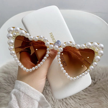 sengpan Fashion Retro Heart-Shaped Imitation Pearl Frame Sunglasses UV400 Women Cat Eye  Eyewear Trendy Beach Party  Sun Glasses