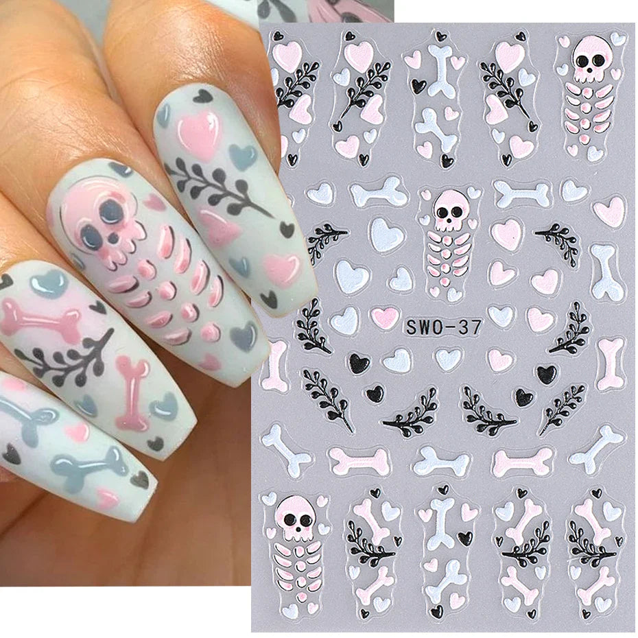 sengpan Cartoon Skull Halloween Nail Art Stickers Pink Bones Ghost Cat Moon Tree Owl Stripes Lines Winter Christmas Manicure Decoration