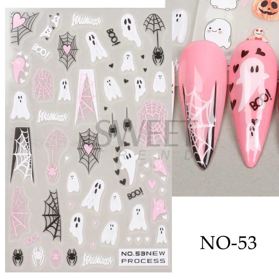 sengpan Halloween 3D Heart Web Nail Sticker Cute Holiday Cartoon Design Spider Pumpkin Ghost  Sliders for Nails Manicure Decor SANO53