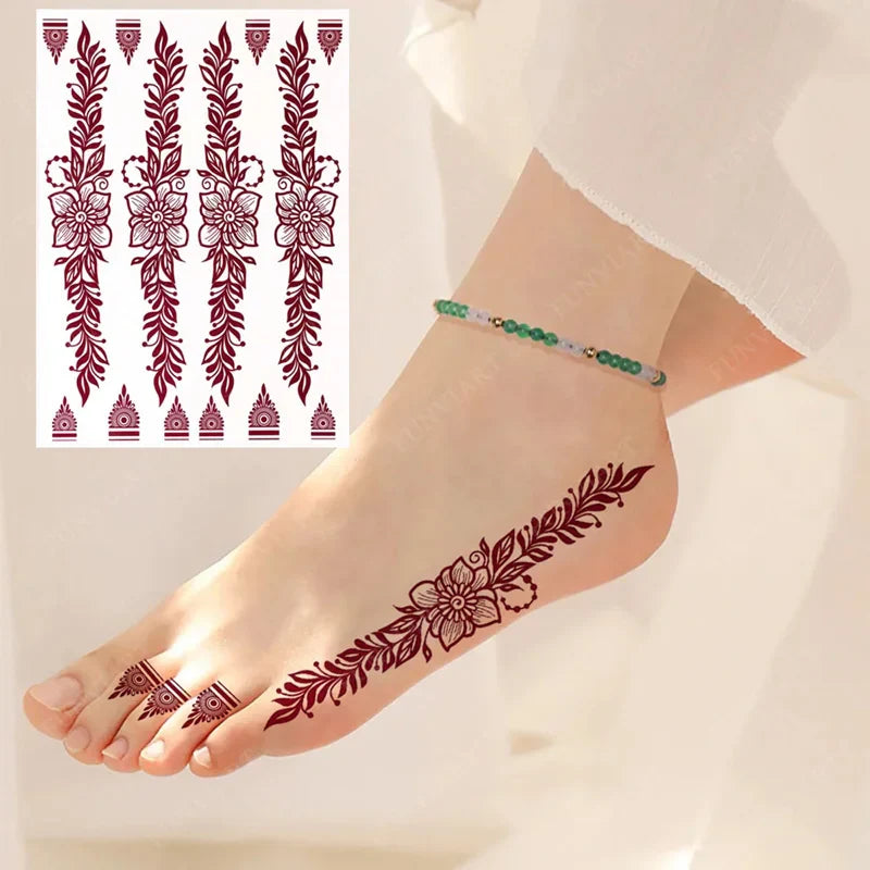 sengpan Brown Henna Tattoo Stickers for Foot Hand Flower Fake Tattoo for Women Waterproof Temporary Tattoos for Wedding Party Festival