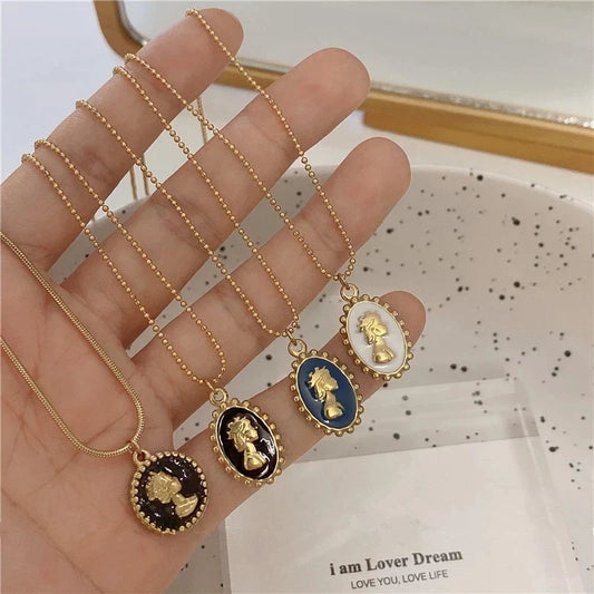 Lianfudai 2024 New Korean Vintage Water Drop Star Round Bear Oval Pendant Necklace Geometric Gold Color Titanium Steel Jewelry