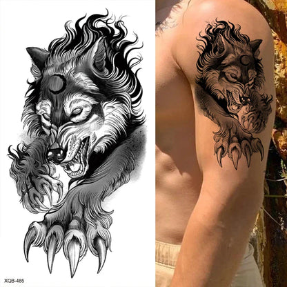 sengpan Black Forest Tattoo Sticker for Men Women Tiger Wolf Death Skull Temporary Tattoo Fake Henna Skeleton King Animal Tatoo Pattern