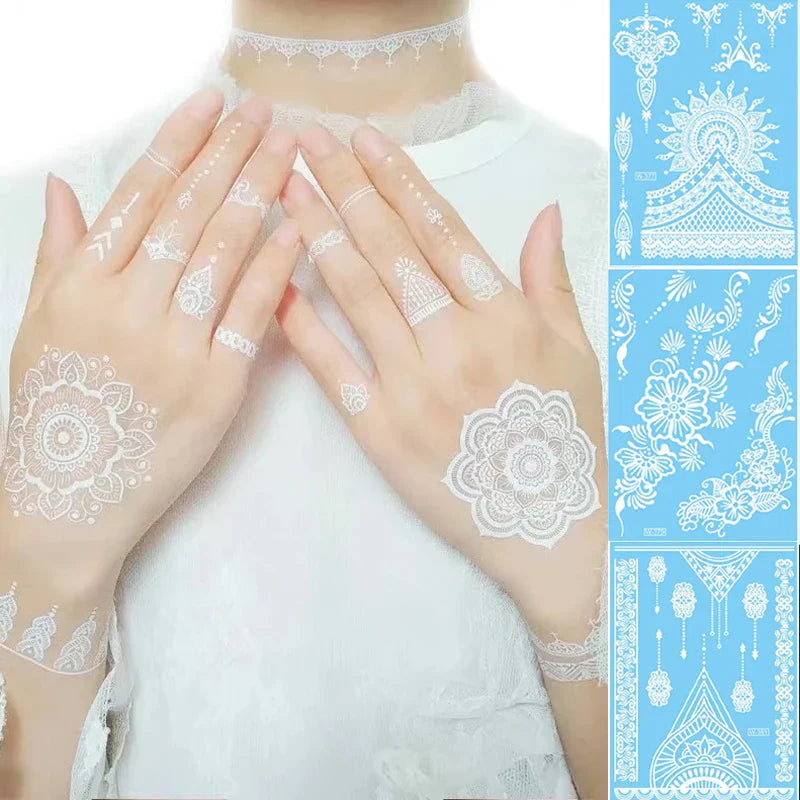 sengpan Sexy Mandala Henna Tattoo White Lace Jewelry Indian Hand Temporary Tattoo Sticker Waterproof Tatoo for Bride Wedding Body Art