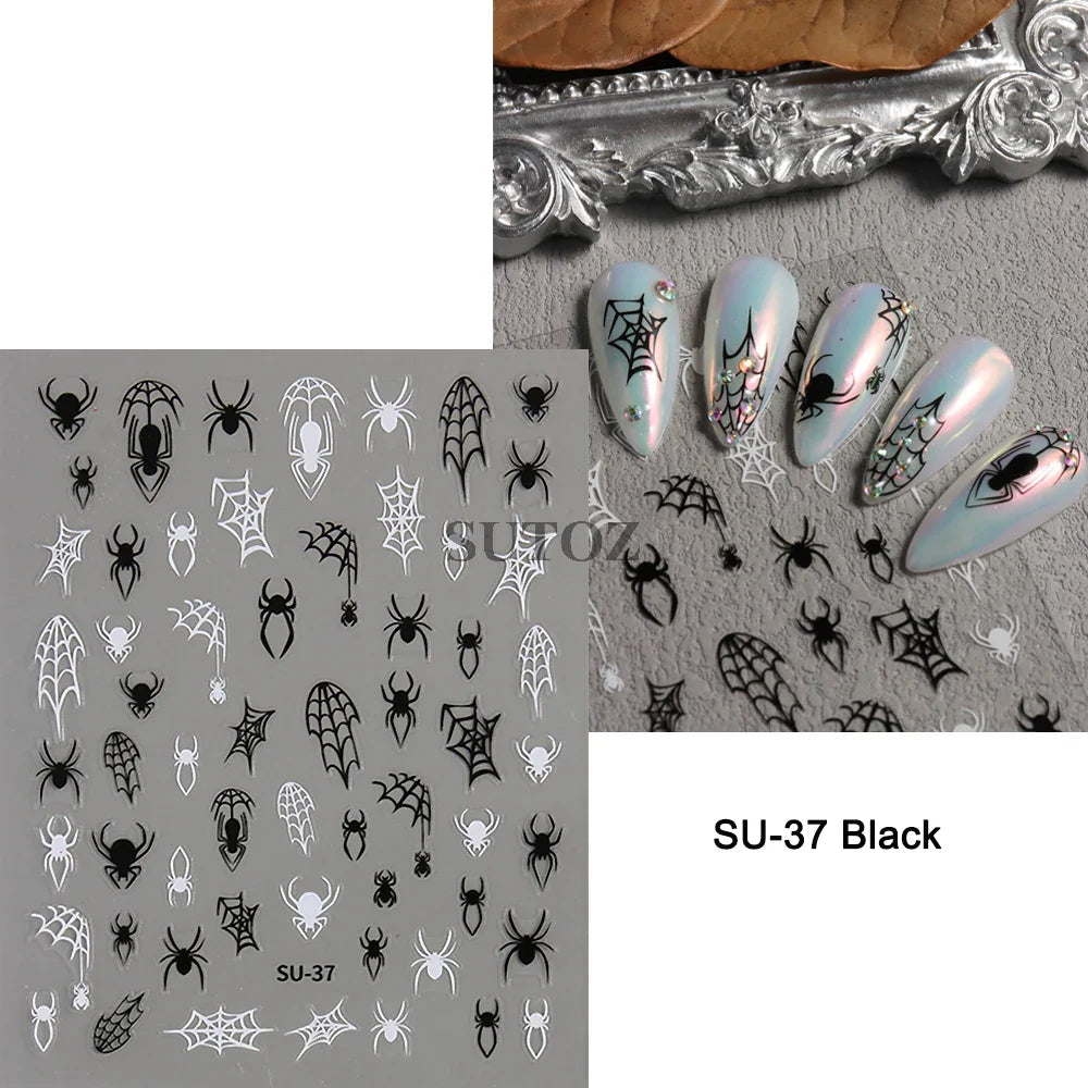 sengpan 5D Ghost Halloween Nail Art Stickers Cartoon Pumpkins Skulls Flowers Nail Decals Y2K Halloween Self-Adhesive Manicure Deco JI-5D