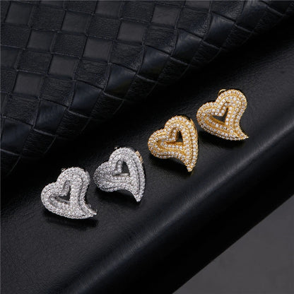 sengpan Hip Micro 1Pair Heart Shape Pave Baguette Cubic Zircon Stone Ice out Stud CZ Earring Bling Copper Earrings For Women Men Jewelry