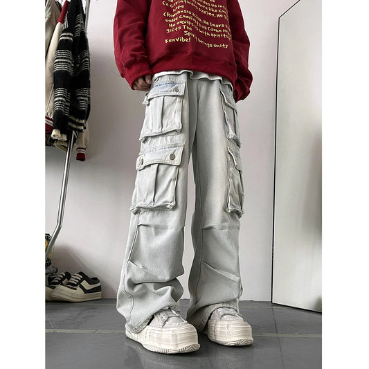 BONSIR  -  Light Blue Cargo Jeans Men's Patchwork Straight Casual Trousers Men Muti-pockets Hip Hop Streetwear Loose Fashion Pants