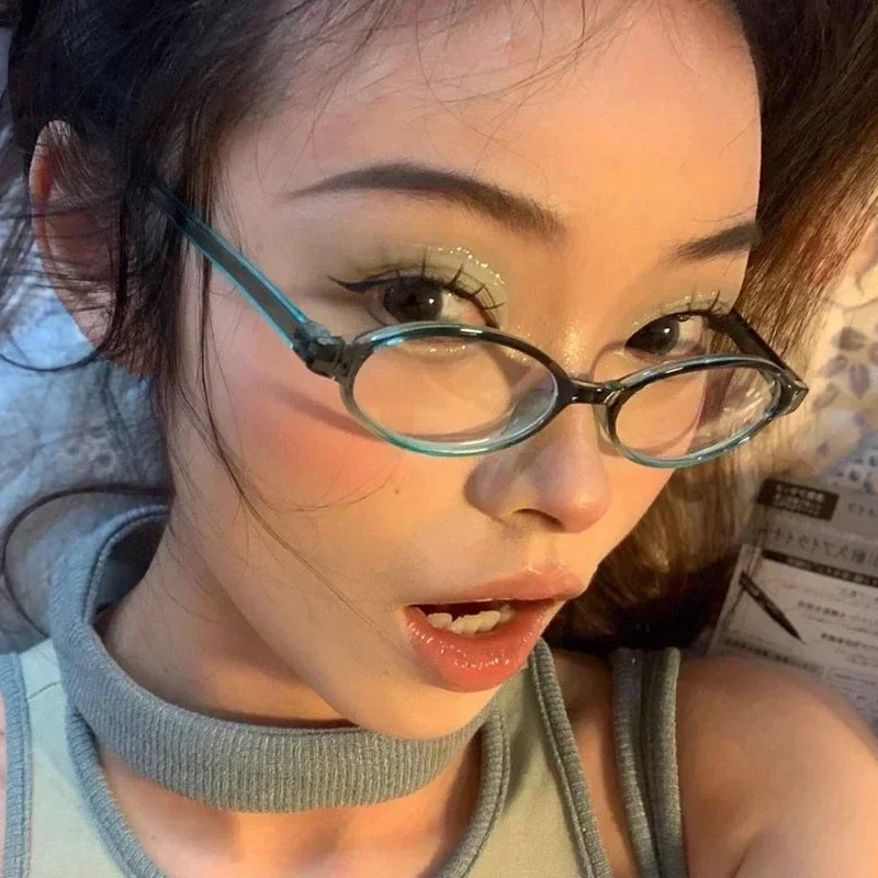 Lianfudai 2024 New Retro Blue Green Oval Small Frame Glasses Frame Women's Anti Blue Light Glasses New Fashion Y2K Style Eyeglasses Frame