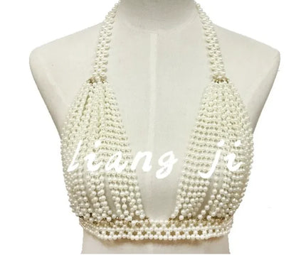 sengpan Pearl Body Chain Jewelry totally hand-made Bra fringed For Women Bridal Wedding Dress Beach Nightclub Pearl Waist chain