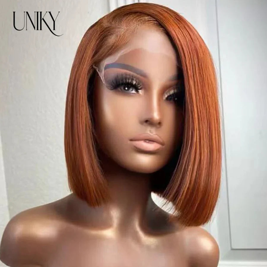 sengpan Dark Orange Silky Straight Bob Wig with Baby Hair Reddish Brown Brazilian Human Hair Dark Brown 13x4 Lace Front Wigs for Women