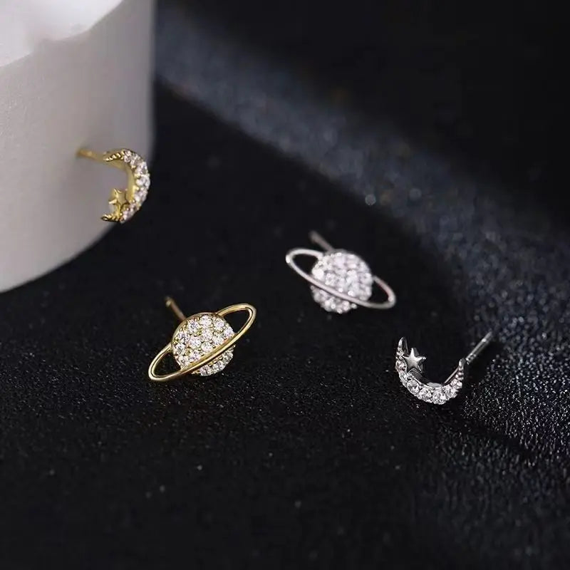 sengpan Simple Piercing Stud Earrings for Women Star Moon Zircon Silver Color Needles Tragus Cartilage Asymmetry Pendiente Fine Jewelry