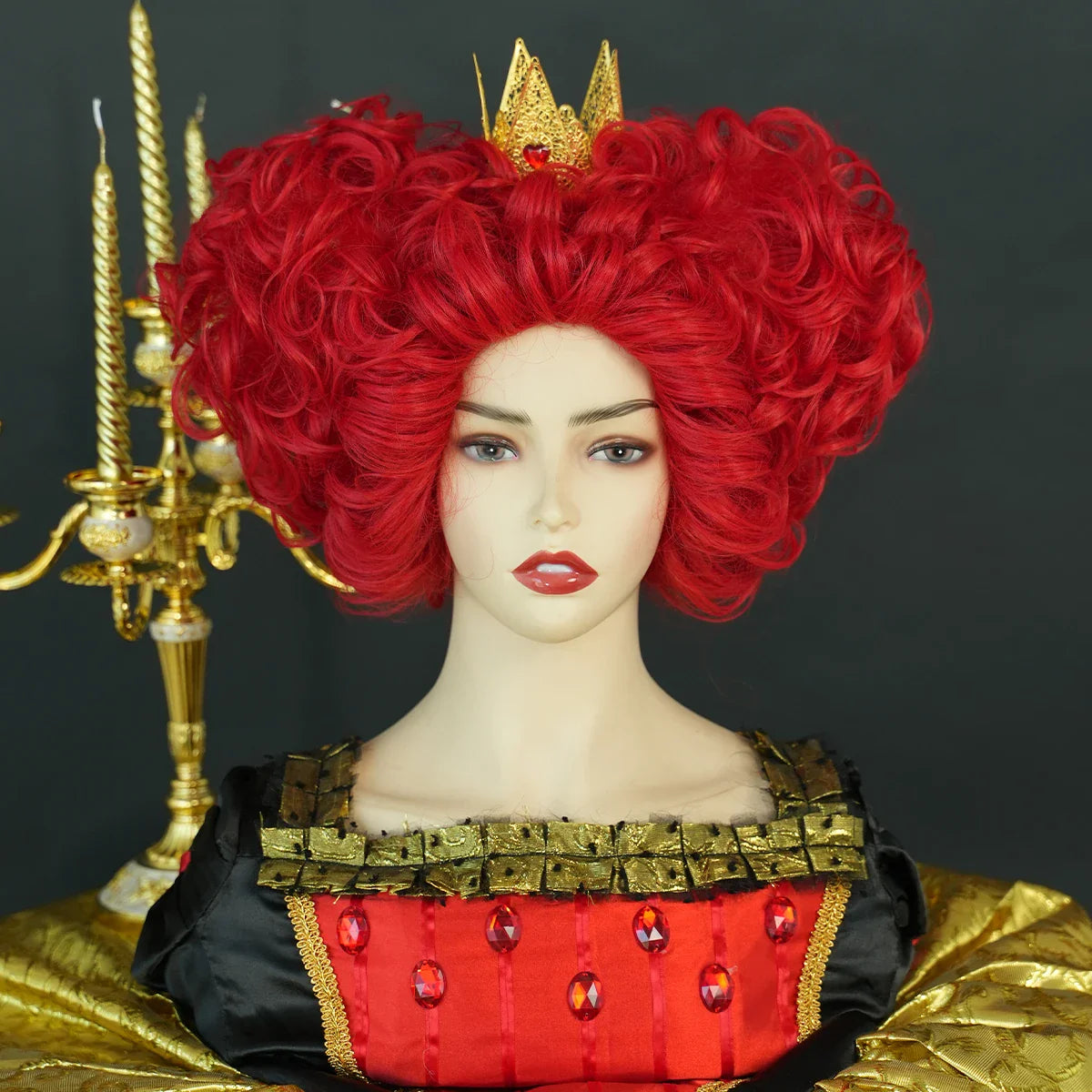 Lianfudai  WIGS New Royal Red Queen Wig Light Red Short Curly Hair Synthetic Heart Cosplay Wigs Halloween Costume Party Wig