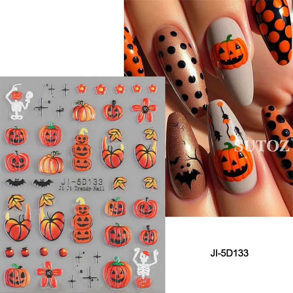 sengpan 5D Embossed Ghost Nail Art Stickers Halloween Cartoon Pumpkin Skull Nail Decals Spider Web Daisy Sliders For Manicure NTJI-5D131