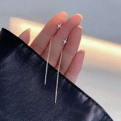 sengpan Trend Tassel Drop Earrings Long Chain Piercing Straight Hanging Earrings Silver Color Needle Star Line Earring for Women Jewelry