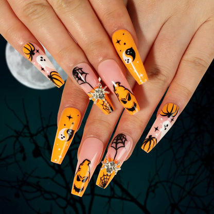 sengpan 24Pcs Halloween False Nails Long Ballet Fake Nails with Ghost Cobweb Design Pink French Coffin Full Cover Press on Nail Tips