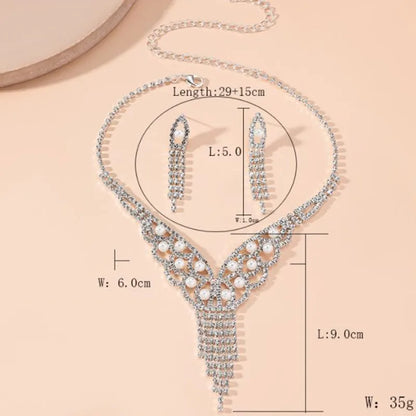 sengpan Luxury Geometric Rhinestone Necklace Earrings For Women Long Tassel Jewelry Sets Ladies Weddings Banquet Accessory