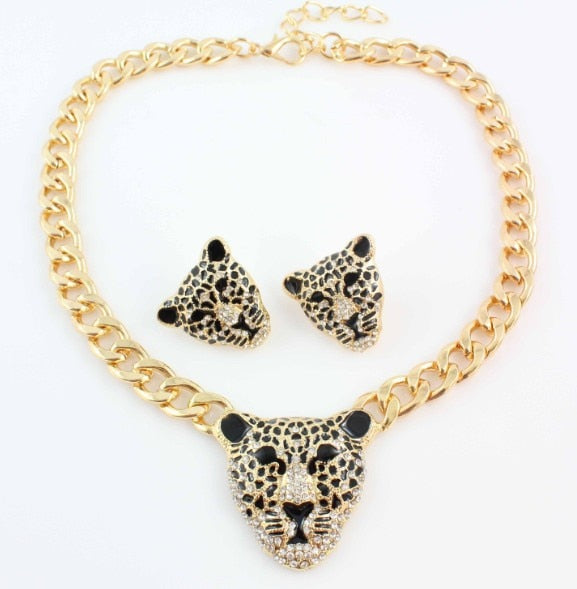 sengpan Fashion Gold Color Black Enameled Leopard Pendant Statement Necklace earrings Jewelry Set