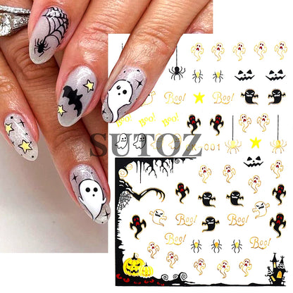 sengpan Embossed 3D Witches Nails Stickers Gold Black Witche Broom Boots Relief Design DIY Halloween Dark Style Manicure Decal CK-007