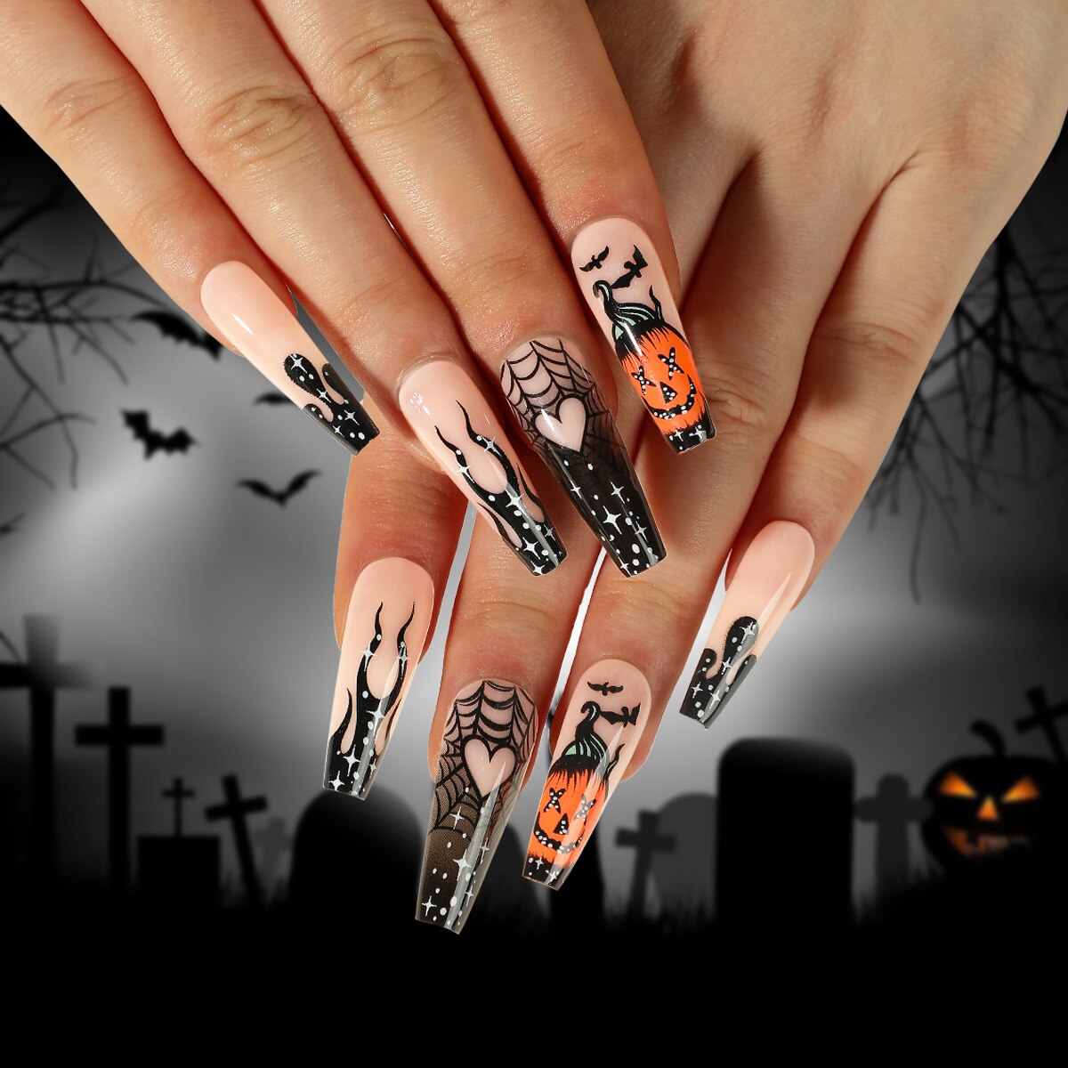 sengpan 24Pcs Halloween False Nails Long Ballet Fake Nails with Ghost Cobweb Design Pink French Coffin Full Cover Press on Nail Tips