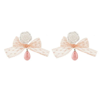 sengpan New Product Fresh Pink Mesh Earrings Floral Design High-End Sweet Romantic Niche Versatile Temperament Girls Banquet Jewelry