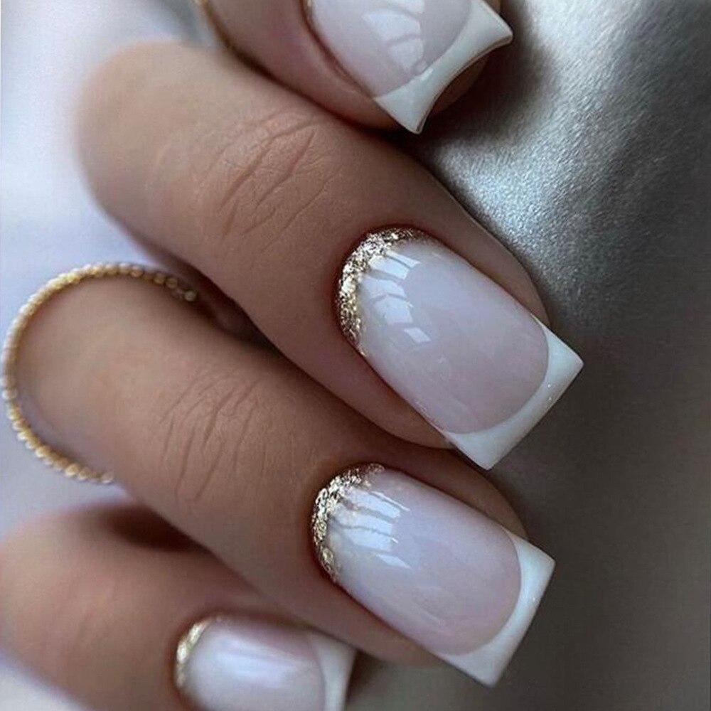 Lianfudai current nail trends 2023   24Pcs White French Fake Nails Full Cover Nail Tips Mid-length Square False Nails with Rhinestone Design Wearable Press on Nails