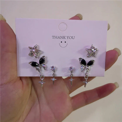 sengpan 6pcs/Set Y2k Love Star Stud Earrings For Women Girl Vintage Irregular Zircon Bowknot Shiny Earrings Set Punk Trendy Jewelry Gift