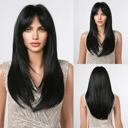 sengpan Ombre Synthetic Straight Cosplay Women Hair Platinum Blonde to Black Hair Long Layered Natural Wigs with Bangs for White Women