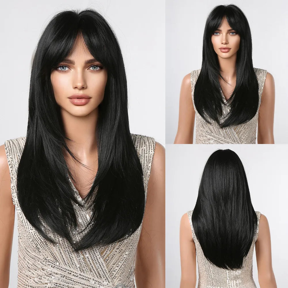 sengpan Ombre Synthetic Straight Cosplay Women Hair Platinum Blonde to Black Hair Long Layered Natural Wigs with Bangs for White Women