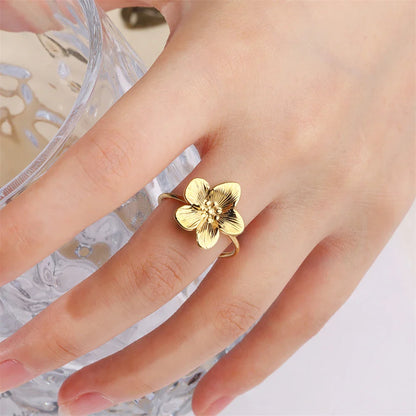 sengpan Adjustable Inoxidable Stainless Steel Flower Ring 18K Gold Plated For Women Men Jewelry Wedding Gift