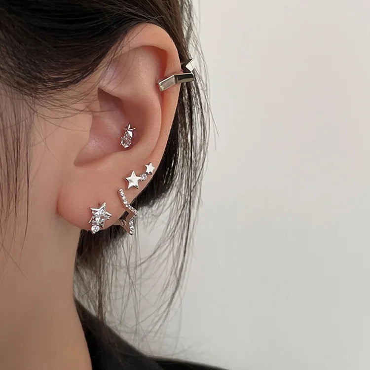 Lianfudai New Trendy Star Zirconia Stud Earrings for Women Girls Hiphop Punk Cool Star Hoop Earrings Party Jewelry Gift