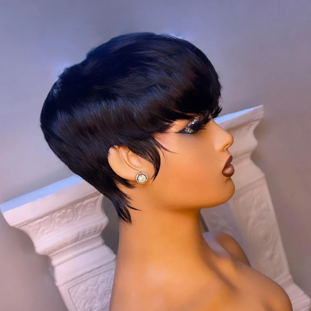 sengpan Short Straight Bob Wig Pixie Cut Wig Human Hair For Black Women With Bangs Brazilian Virgin Hair Non Lace front Cheap Wig Black