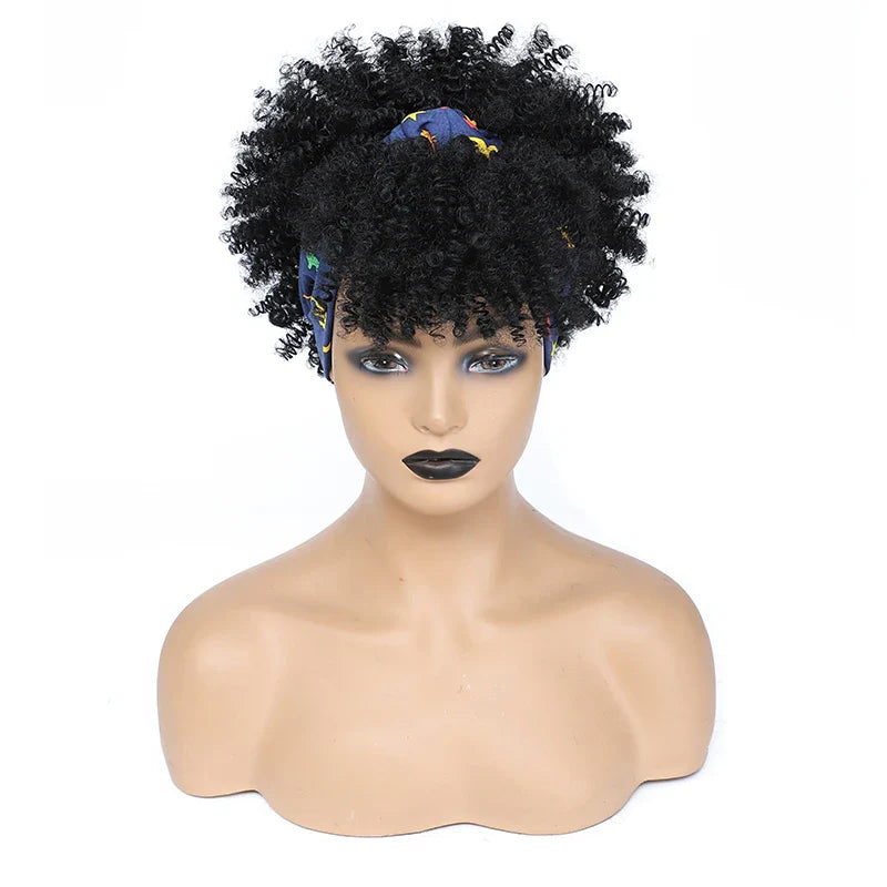 sengpan Short Kinky Curly Headband Wigs  Afro Puff Curly Headband Wig For Women Natural Synthetic Turban Wrap Wig  Cosplay Daily Use