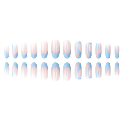 sengpan 24Pcs Long Round Head Press On Nail Art Seamless Removable Fake Nails With Glue Ballet Coffin Wearing Blue Reusable False Nails