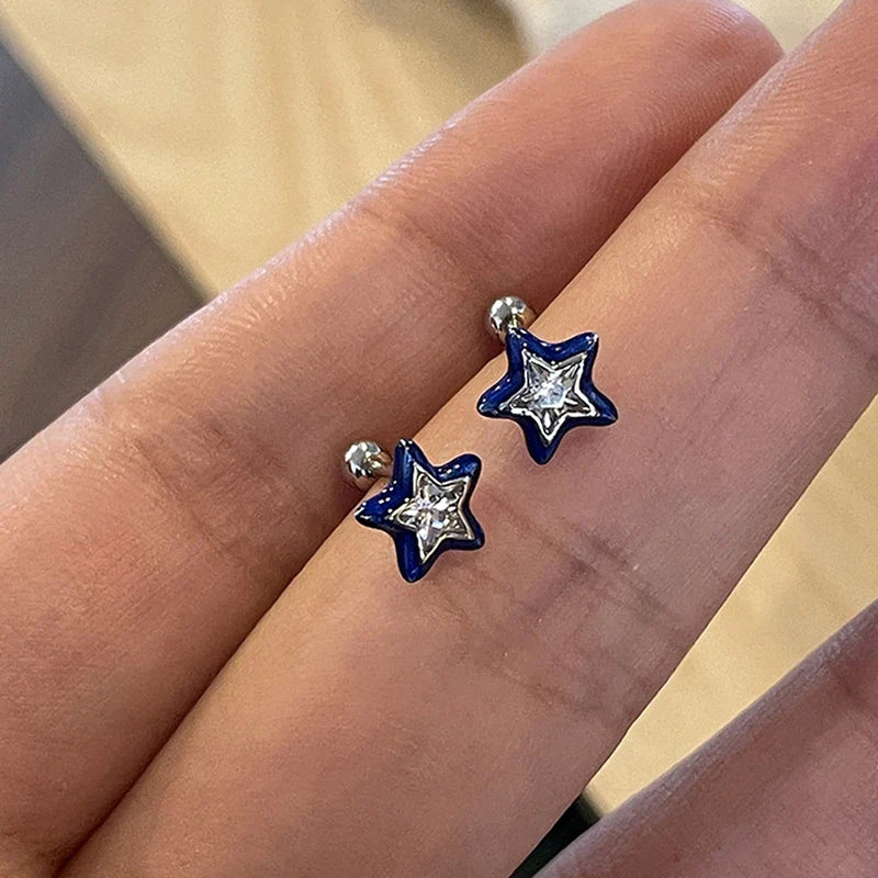 sengpan 1 Pair Trend Blue Crystal Star Pentagram Mini Stud Earrings for Women Cool Sweet Aesthetic Earrings Fashion Y2k Jewelry