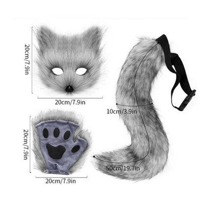 sengpan Fluffy Fur Fox Tail Keychain Cat Paws Gloves and Wolf Therian Mask Set for Halloween Cosplay Costume Accessories