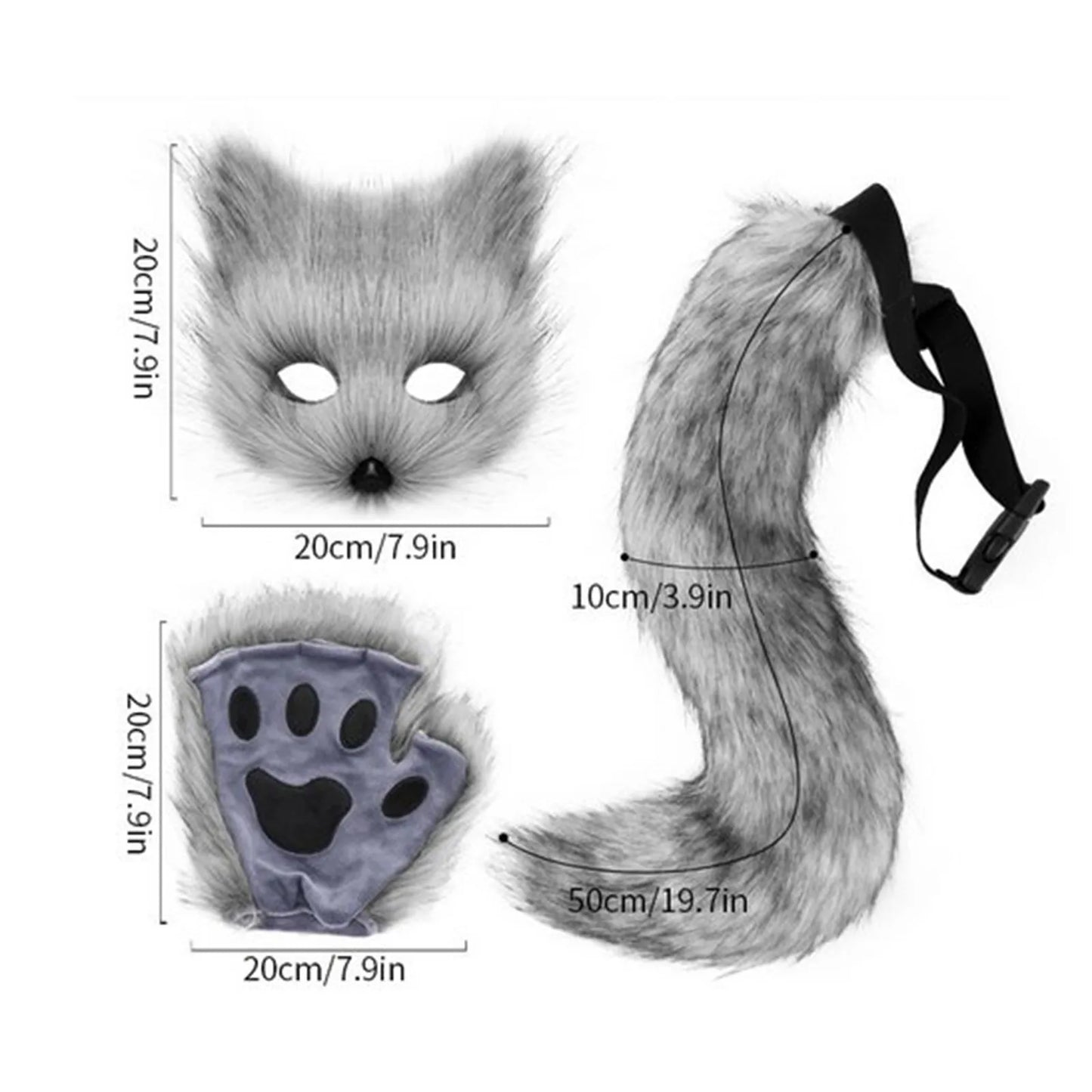 sengpan Fluffy Fur Fox Tail Keychain Cat Paws Gloves and Wolf Therian Mask Set for Halloween Cosplay Costume Accessories