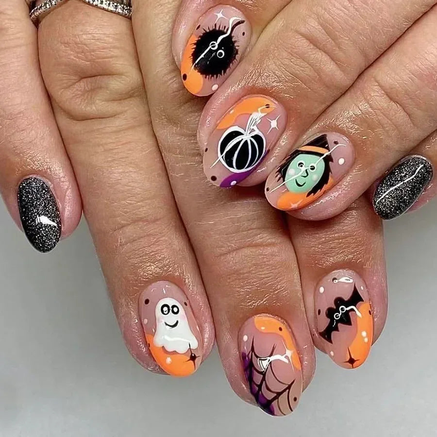 sengpan 24pcs/set Halloween Press-On Nails Set - Short Square, Glossy Finish with Cute Ghost & Pumpkin Designs in Orange/Black for Women